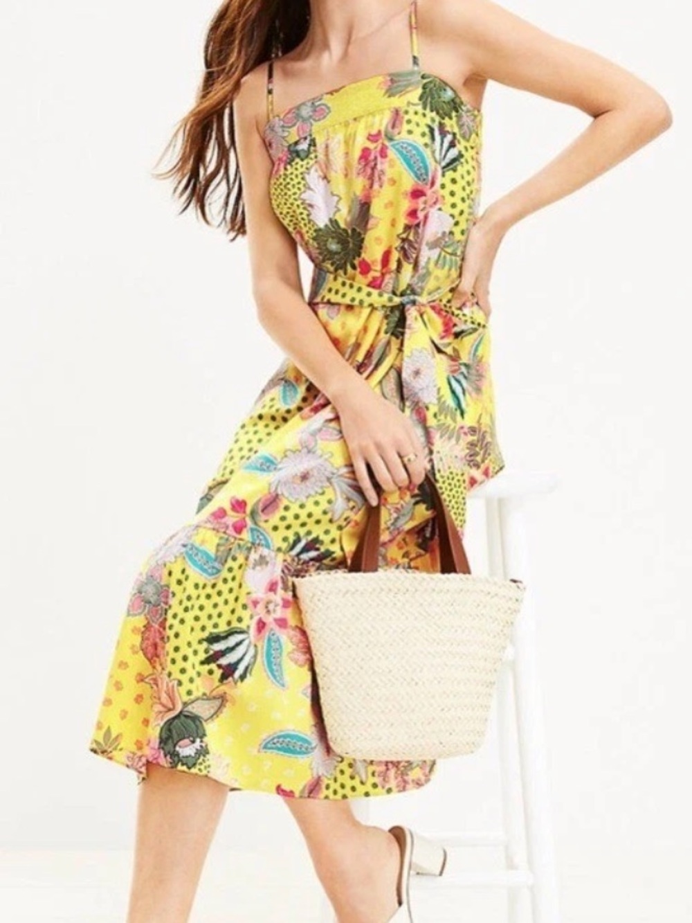 💗NWT LOFT Yellow Floral Strappy Flounce Midi Dress - Size 14